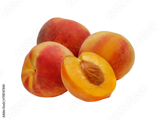 Group of peaches isolated on transparent layered background.