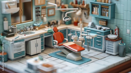 A miniature dentist's office with a red dental chair and blue cabinets.
