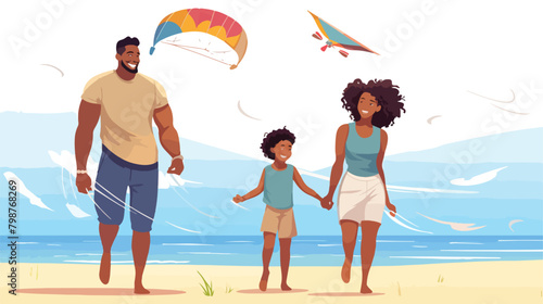 African-American family with kids fly kite together