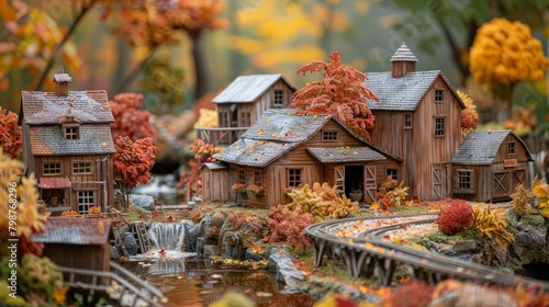 A miniature model train village in the fall. The leaves on the trees are all orange and yellow, and there is a small river running through the village.