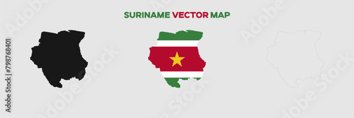 Suriname Map Vector Pack. Map with Flag. Gray Map Silhouette. Gray Outline Map. Editable EPS file. 