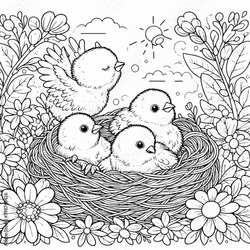 nest with baby chicks children's coloring page spring illustration
