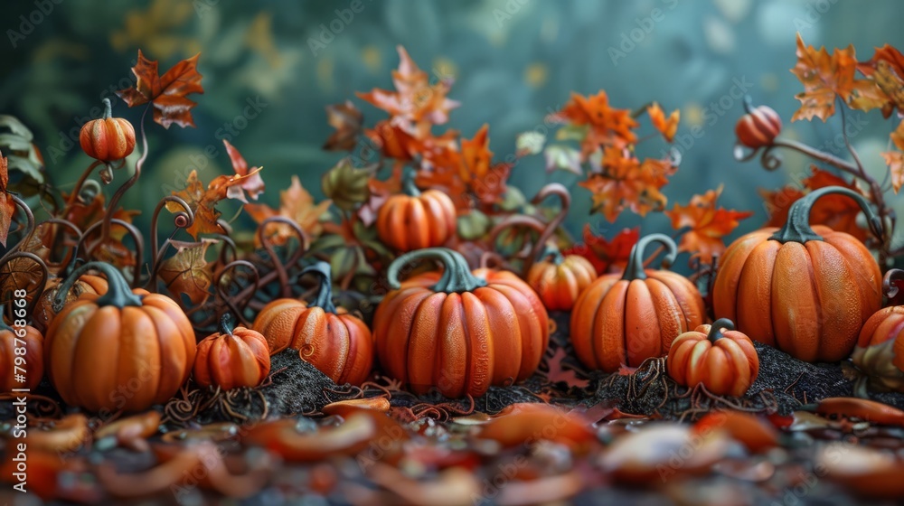 A photo of some pumpkins in a field with a bunch of fall leaves and vines A photo of some pumpkins in a field with a bunch of fall leaves and vines