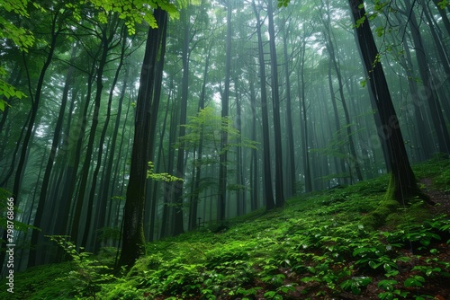 Dense Forest With Tall Trees, Ein von der Sonne durchfluteter Wald.