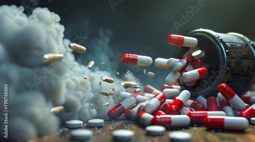 A pile of pills and bullets are scattered on a table