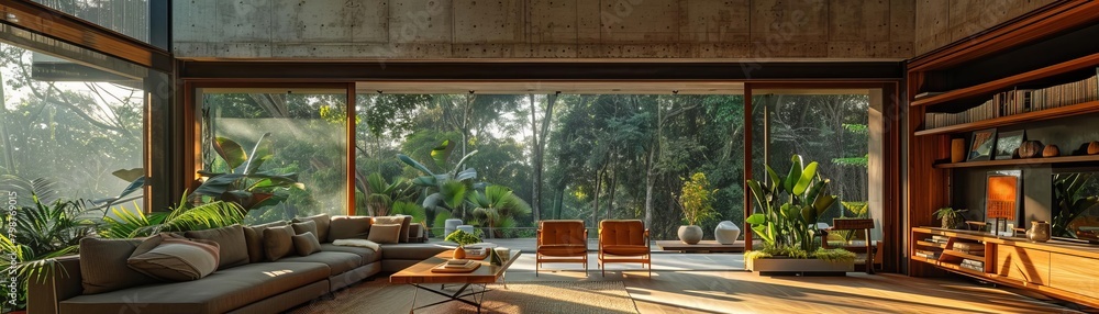 A modern living room with a large glass window looking out onto a lush green jungle. The room is decorated with stylish furniture and plants.