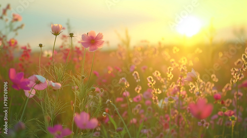 Landscape nature background of beautiful flower field on sunset