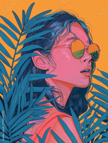 A serene woman with a pensive look wears round sunglasses, enveloped by lush tropical leaves.
