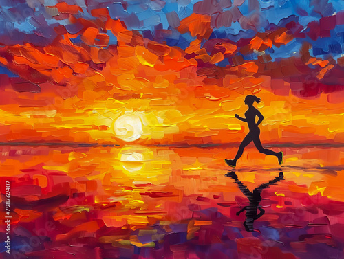 A woman runs on a beach at sunset