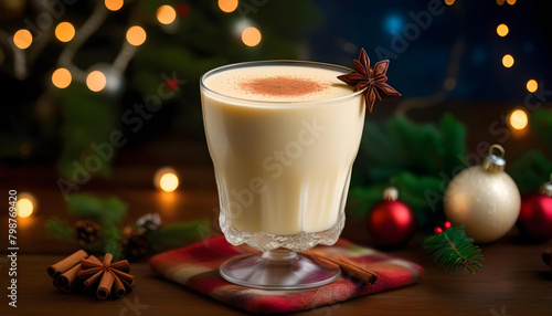 A glass of eggnog with cinnamon sticks and a Christmas tree in the background