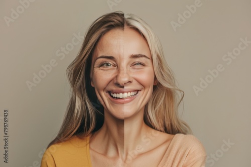 Aging stage portrait demonstrates signs of aging prevention with wrinkle care for a youthful half face, aged under skincare tips and premature aging complexion.