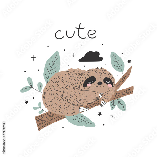 Cute sloth on a white background. Vector illustration for printing. Cute children's background