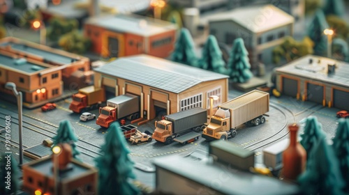 A tilt-shift image of a miniature city with trucks and cars near a warehouse. photo