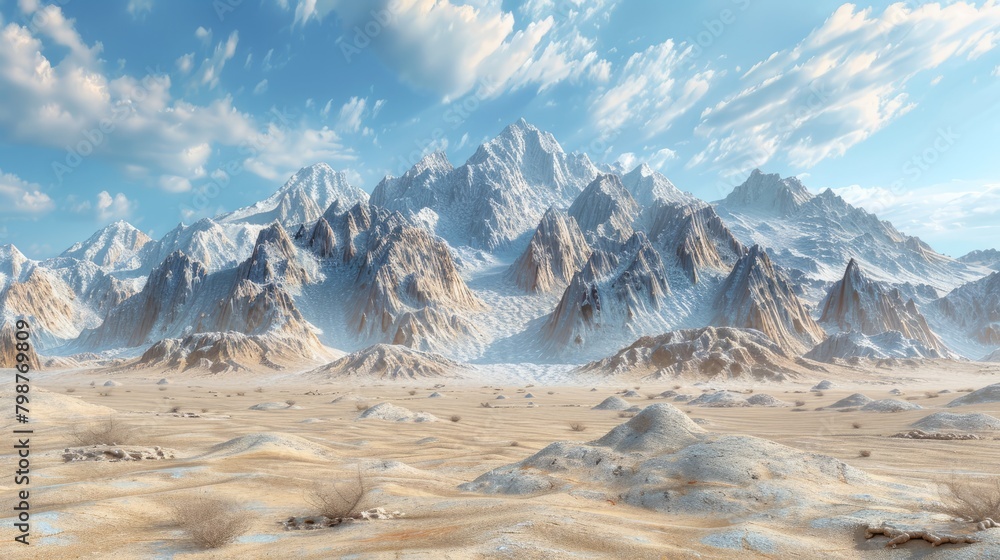 A vast desert landscape with snow-capped mountains in the distance