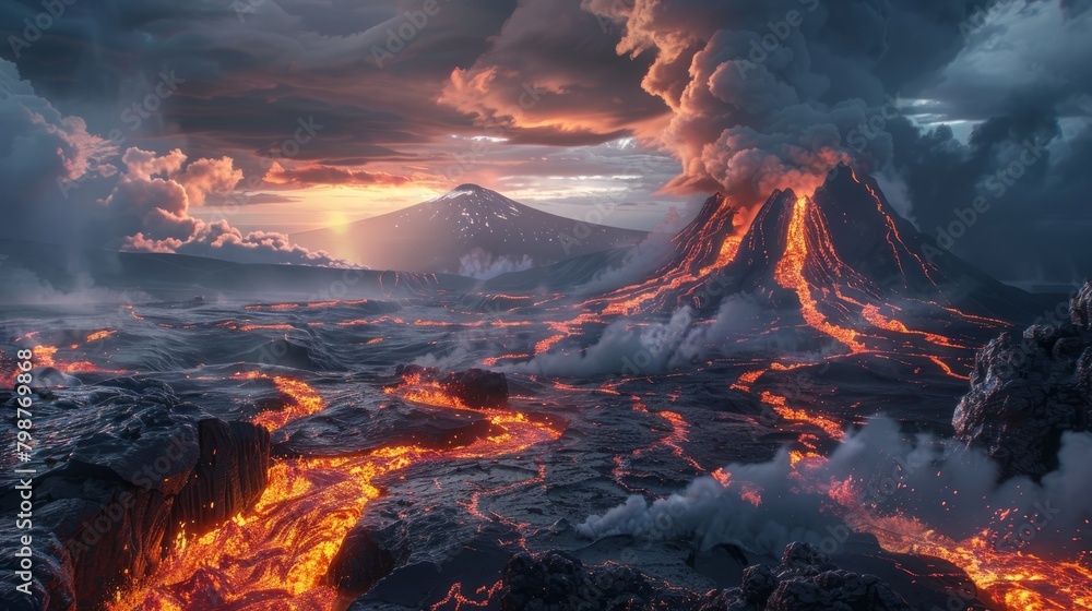 A volcano erupting on a distant planet, with a lava flow and smoke