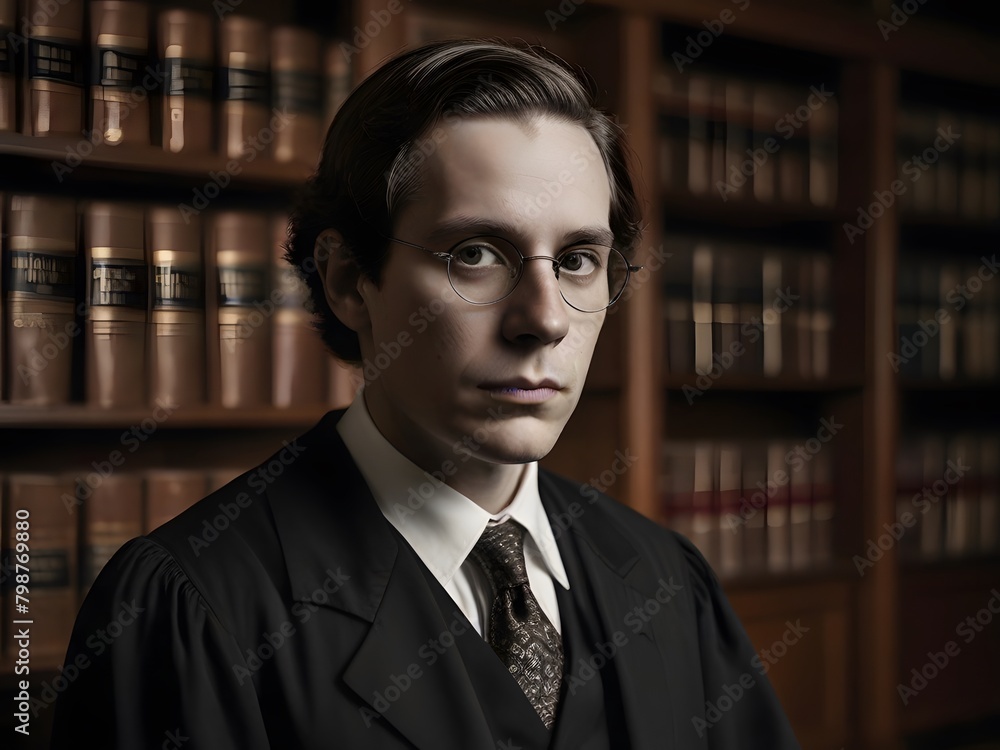 Portrait of a young man in a suit, like a lawyer and glasses in the library Portrait of a young man in a suit, like a lawyer and glasses in the library