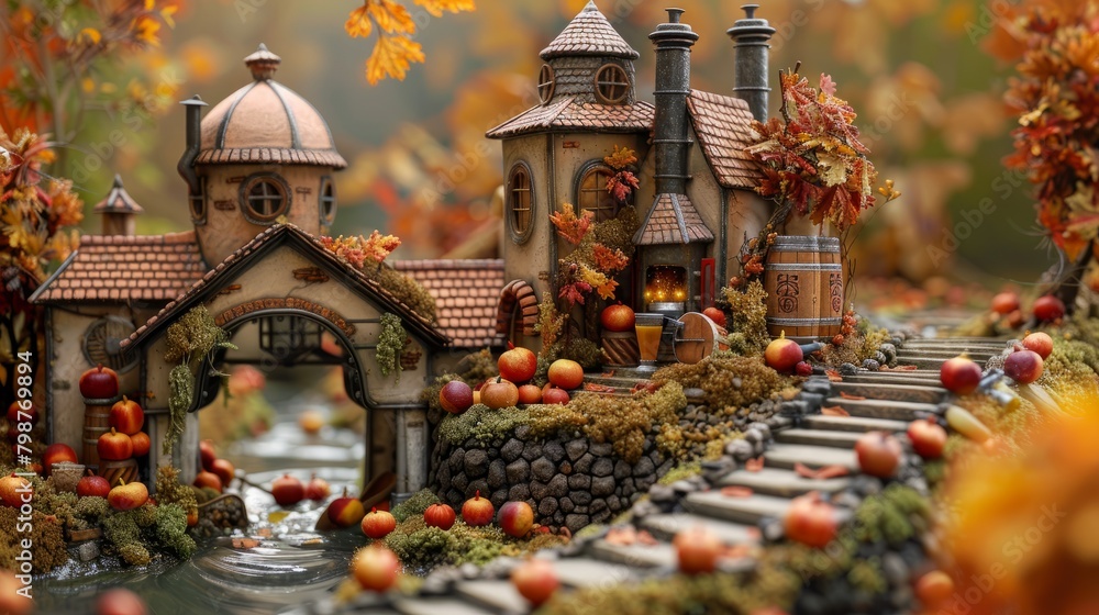 A whimsical hobbit house nestled in an autumn forest with pumpkins, gourds, and colorful leaves
