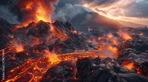 A volcano erupting, spewing hot lava and ash into the sky photo