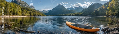 A standup paddleboard resting beside a tranquil mountain lake  surrounded by forest
