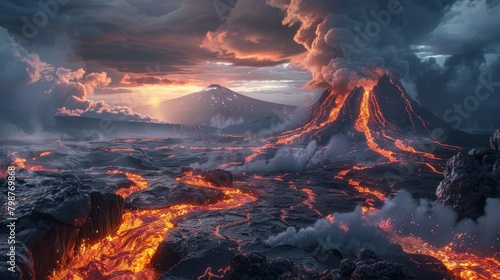 A volcano erupting on a distant planet, with a lava flow and smoke photo