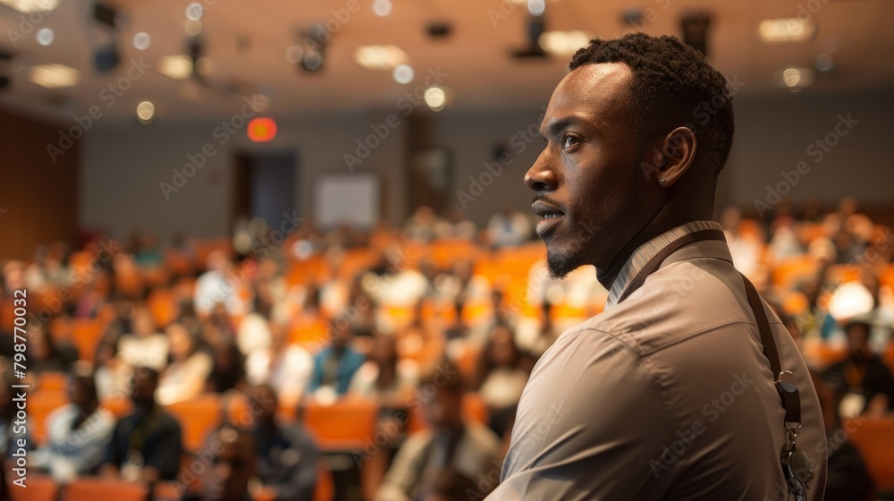 A young professional is speaking in front of a large audience at a conference. A young professional is speaking in front of a large audience at a conference.