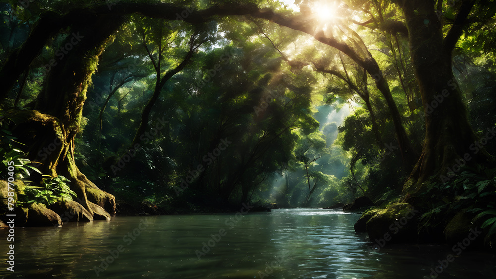 Fototapeta premium A peaceful river winding through a dense forest, with sunlight filtering through the canopy and dappling the water's surface