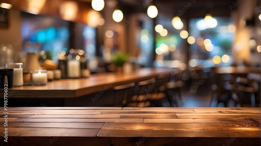 An artistic interpretation of a wooden table top with a blurred background, featuring creative elements like exaggerated bokeh lights and abstract blur to enhance the ambiance of a coffee shop settin
