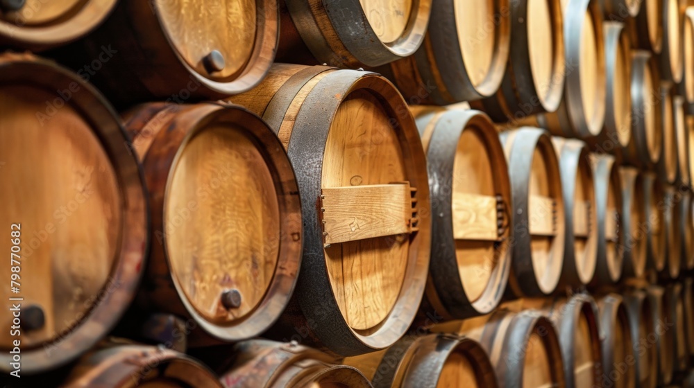 Rows of wooden wine barrels stacked high, creating a picturesque background