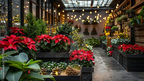 Christmas decorations in a greenhouse with red poinsettias, pine trees, and lights.