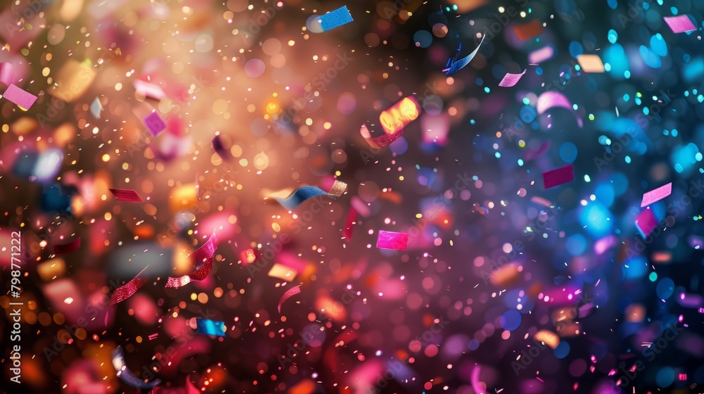 Colorful confetti falling against a blurred background with a spotlight Colorful confetti falling against a blurred background with a spotlight