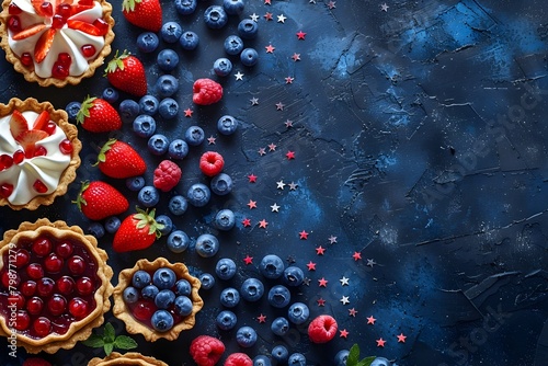 Assorted Fresh Summer Berries and Fruit Tarts on Rustic Wooden Background