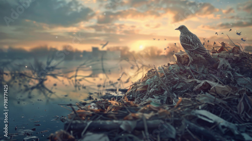 A bird is perched on a pile of leaves and branches photo