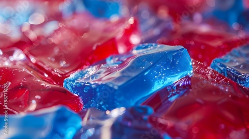 Macro shot of glistening red and blue gelatin cubes with a focus on texture and translucency. photo