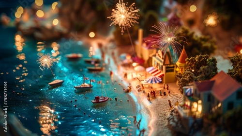 Diorama of a beach at night with fireworks.