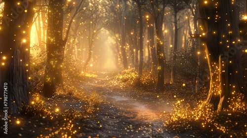 Magical Forest in Golden Light: A Ground-Level Perspective photo
