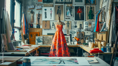 A room with a mannequin wearing an orange dress