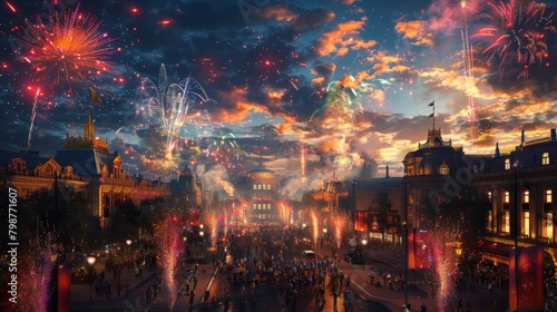 Fireworks light up the sky over a crowded street.