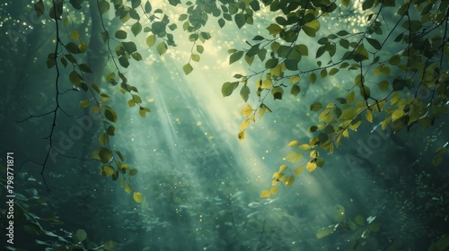 Green leaves of the tree against the background of the sun's rays