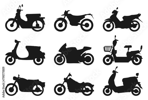 Simple Minimalist Motorcycle Silhouette Element Collection Set.