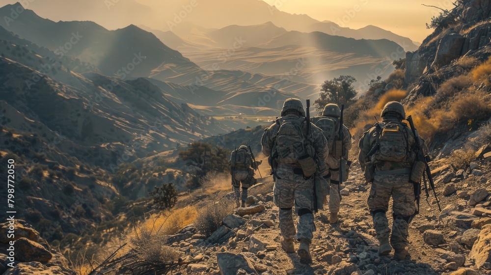 Soldiers on the move through rugged mountain terrain