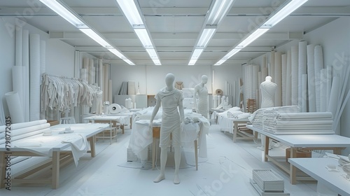 A large, bright, white room filled with mannequins and bolts of white fabric. photo