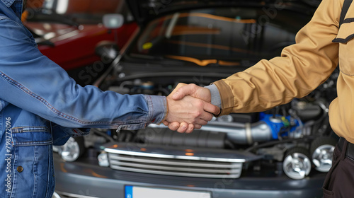 Automotive Mechanic Shaking Hands with a Satisfied Customer after Vehicle Maintenance Service