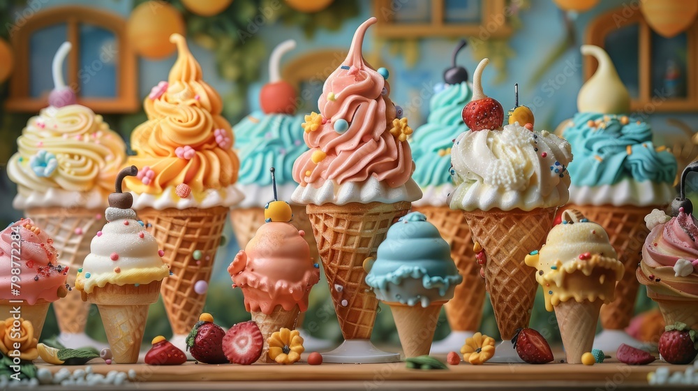 A variety of ice cream cones are displayed on a table.