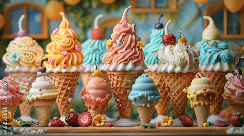 Fototapeta premium A variety of ice cream cones are displayed on a table.