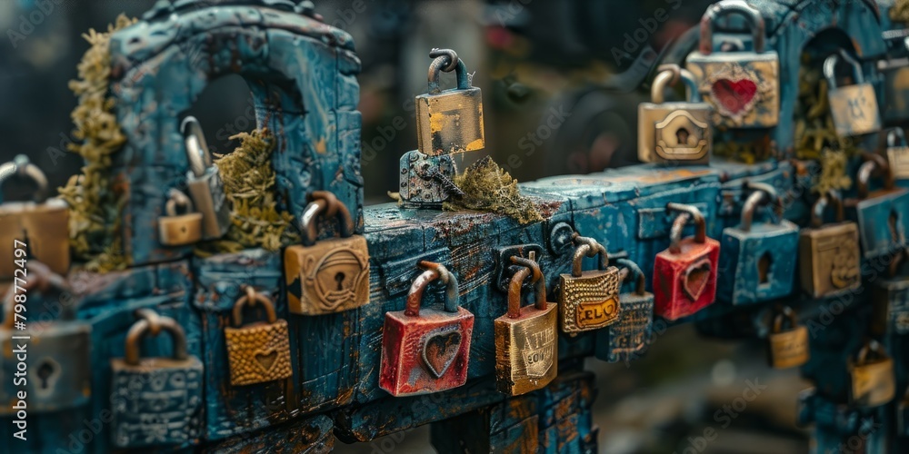 Locks with heart-shaped lockets hang on a wooden fence.