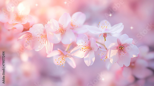 Soft pink cherry blossoms shining with ethereal twinkling light against a dreamy background