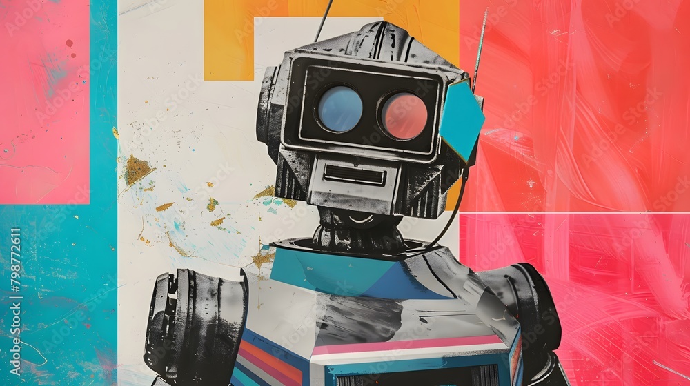 Fototapeta premium Robot on the background of a colorful wall