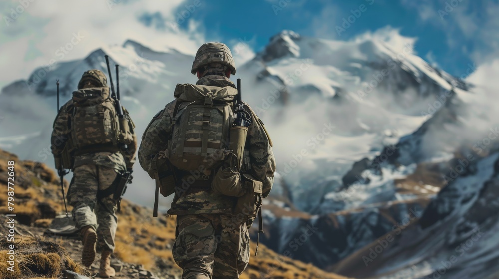 Soldiers on the move through rugged mountain terrain Soldiers on the move through rugged mountain terrain