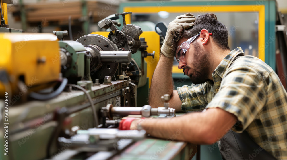 Exhausted Factory Worker Taking a Break During a Challenging Shift in Industrial Manufacturing Exhausted Factory Worker Taking a Break During a Challenging Shift in Industrial Manufacturing