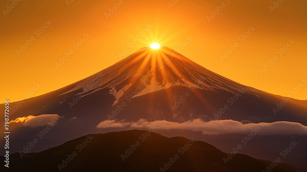 The majestic Mount Fuji silhouetted against a breathtaking sunrise, depicting nature's grandeur